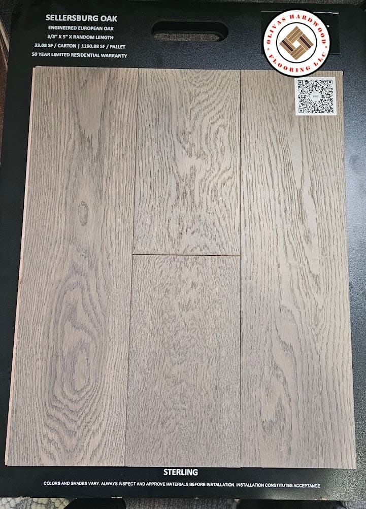 Engineered European oak sample board in Lawrenceville GA — Sterling gray-tone wide plank