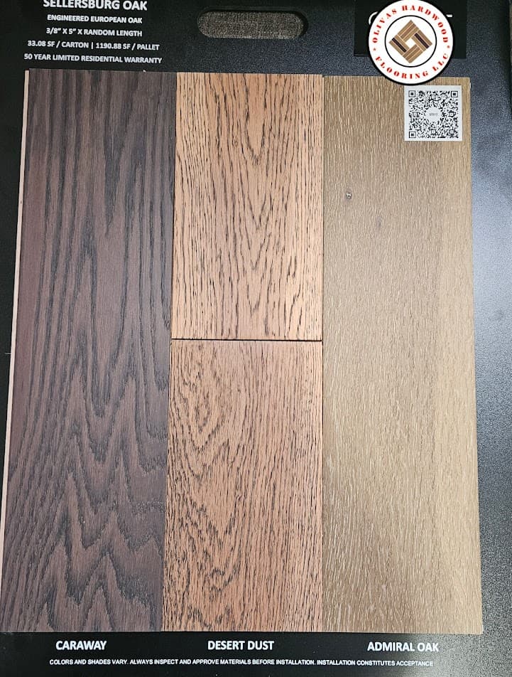 Engineered European oak sample boards in Lawrenceville GA — Caraway, Desert Dust, and Admiral Oak colors