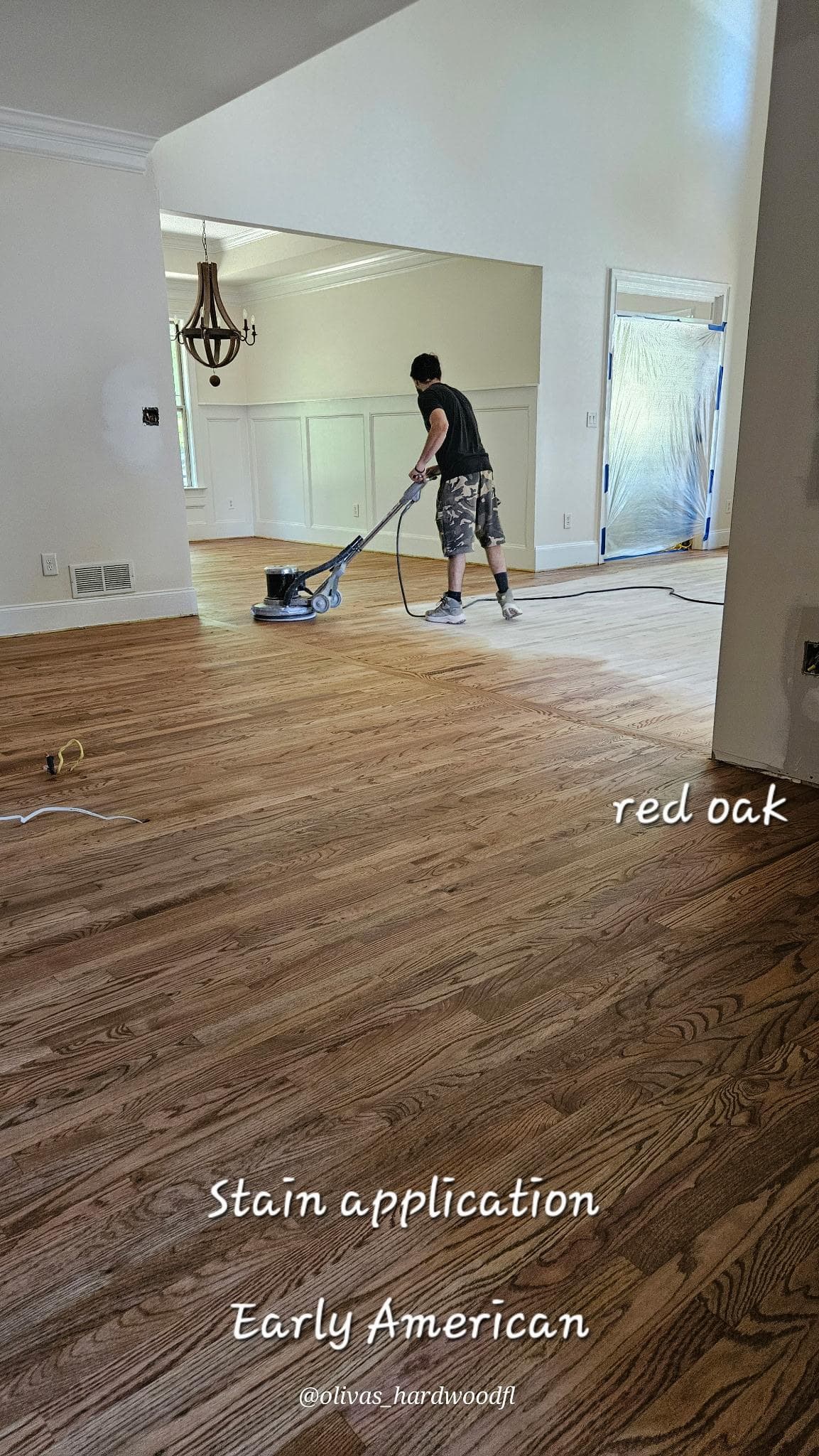 Hardwood floor refinishing in Roswell GA — Early American stain application on red oak floors